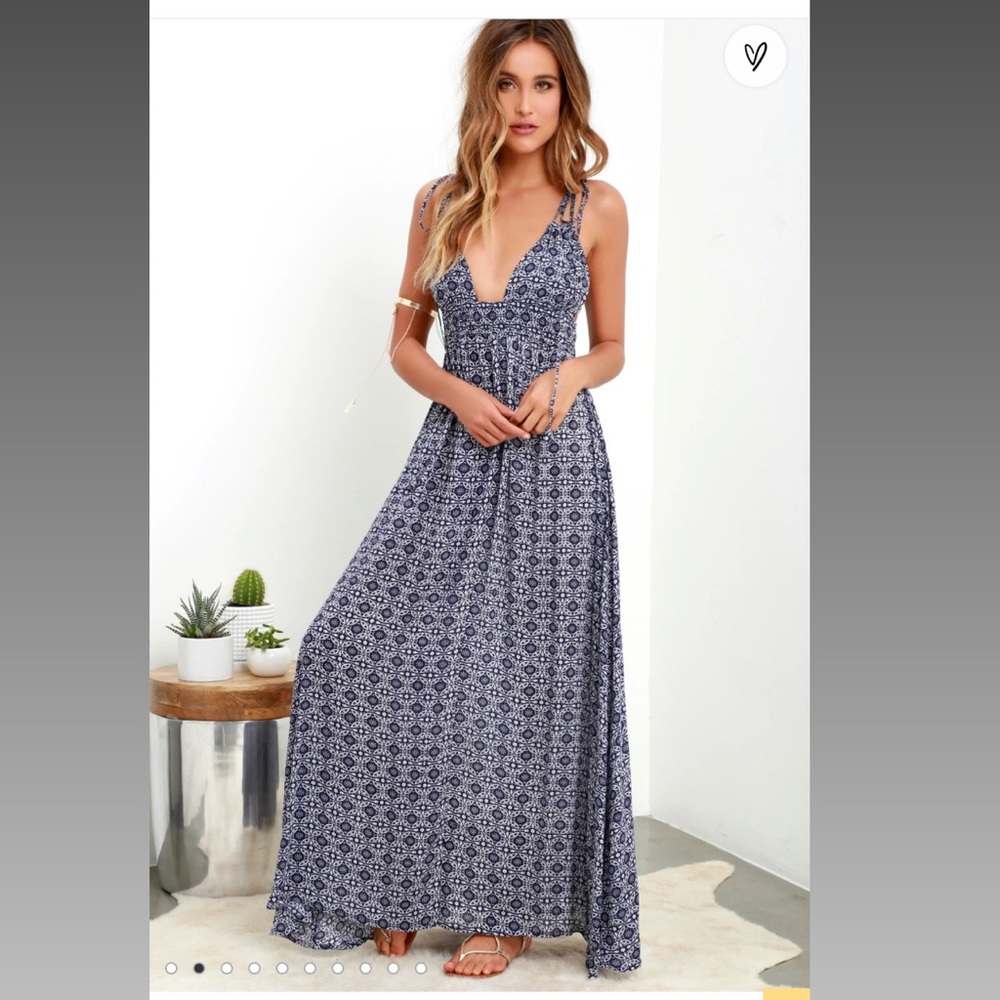 Lulu’s Field Day Navy Blue Print Tie-Strap Maxi Dress